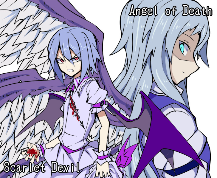 2girls, angry, aqua_eyes, bat_wings, blood, blood_on_hands, bloody_clothes, blue_hair