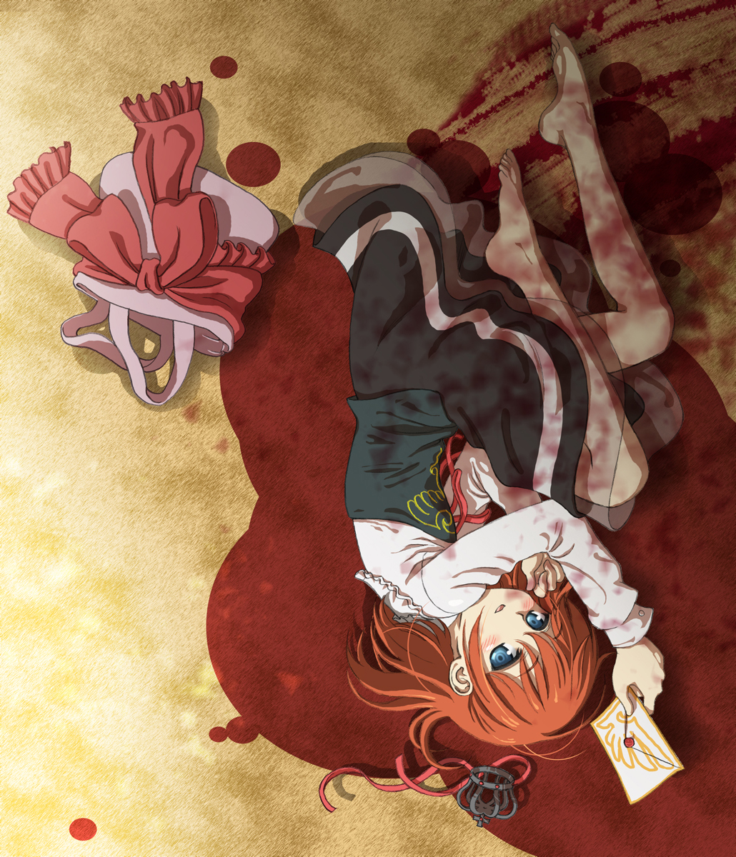barefoot, blood, blue_eyes, blush, child, corset, crown, dress, feet, gothic_lolita, highres, konoe_(vis9191), legs, letter, lolita_fashion, lying, on_side, orange_hair, purse, ribbon, see-through, smile, stain, umineko_no_naku_koro_ni, ushiromiya_maria