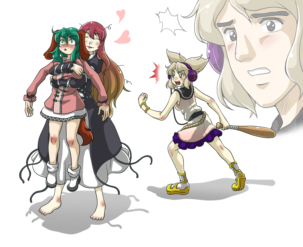 3girls, animal_ears, barefoot, baseball_bat, blush, commentary, dupp_akiru, earmuffs