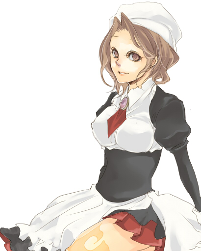 beret, brown_eyes, brown_hair, hat, maid, shannon, side_slit, smile
