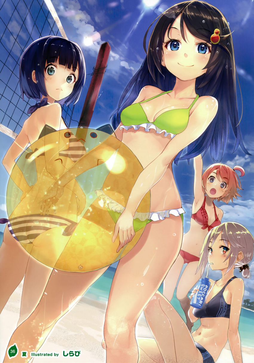 4girls, :o, absurdres, arm_up, ball, beach, beachball, bikini