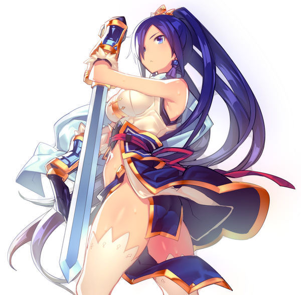 1girl, bare_shoulders, blue_eyes, blue_hair, breasts, cowboy_shot, hair_over_one_eye, long_hair