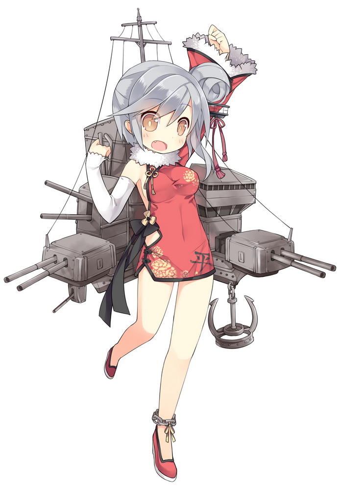 anchor, ankle_cuffs, arms_up, asymmetrical_clothes, chain, china_dress, chinese_clothes, elbow_gloves, fang, gloves, gun, hair_bun, kanji, mecha_musume, official_art, open_mouth, ping_hai_(zhan_jian_shaonu), saru, short_hair, silver_hair, simple_background, sleeves_past_wrists, solo, turret, weapon, white_background, yellow_eyes, zhan_jian_shaonu