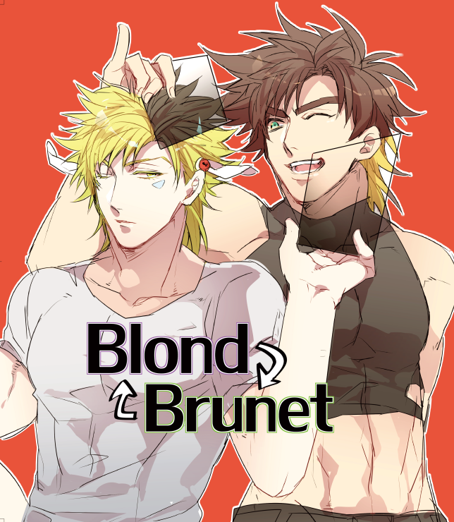 2boys, alternate_hair_color, blonde_hair, brown_hair, caesar_anthonio_zeppeli, chikusawa, feathers, green_eyes