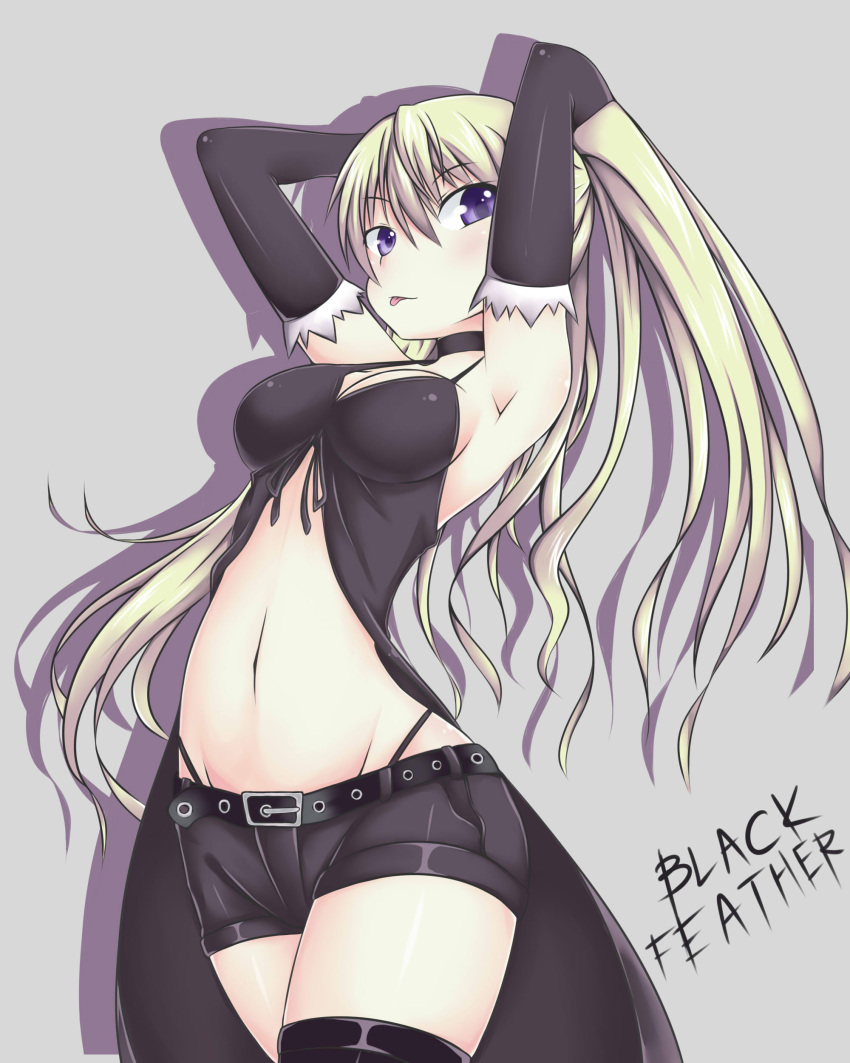 absurdres, armpits, belt, black_feather, black_gloves, black_legwear, blonde_hair, boots
