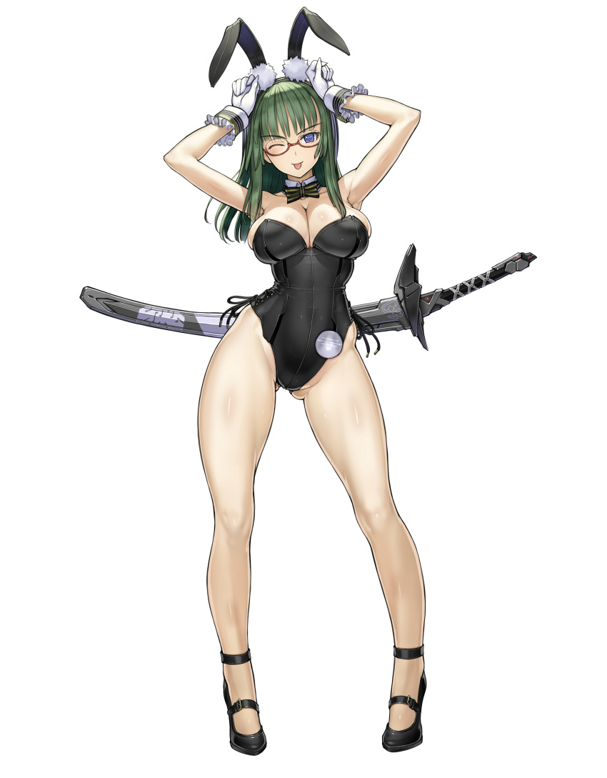 1girl, ;p, absurdres, animal_ears, armpits, arms_up, bare_legs, bare_shoulders
