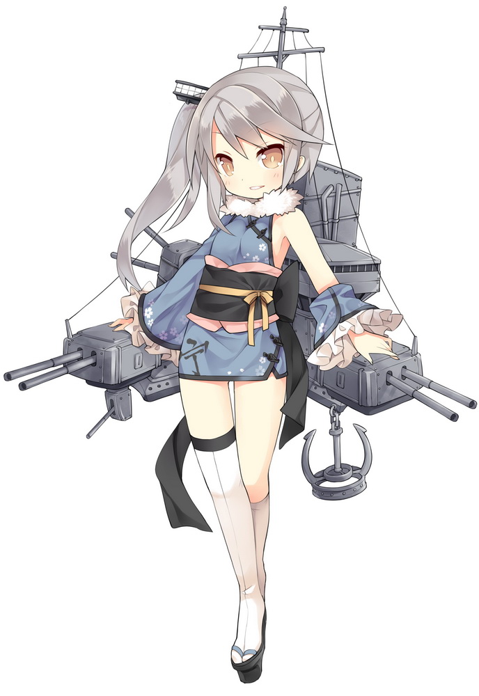 anchor, asymmetrical_clothes, asymmetrical_legwear, chinese_clothes, detached_sleeves, frills, geta, gun, japanese_clothes, kanji, leg_ribbon, mecha_musume, ning_hai_(zhan_jian_shaonu), obi, official_art, saru, sash, short_hair, side_ponytail, silver_hair, simple_background, smile, solo, tabi, thigh-highs, turret, weapon, white_background, yellow_eyes, zhan_jian_shaonu