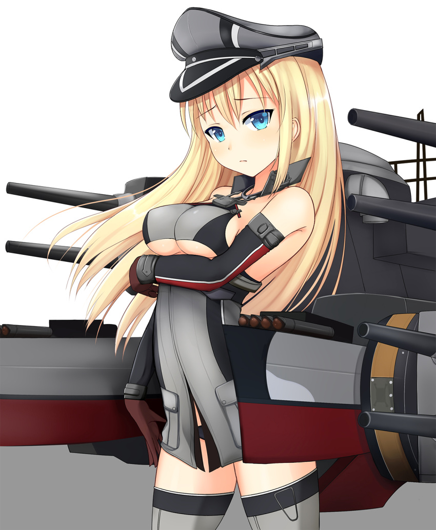 1girl, bare_shoulders, bismarck_(kantai_collection), blonde_hair, blue_eyes, blush, breast_hold, breasts