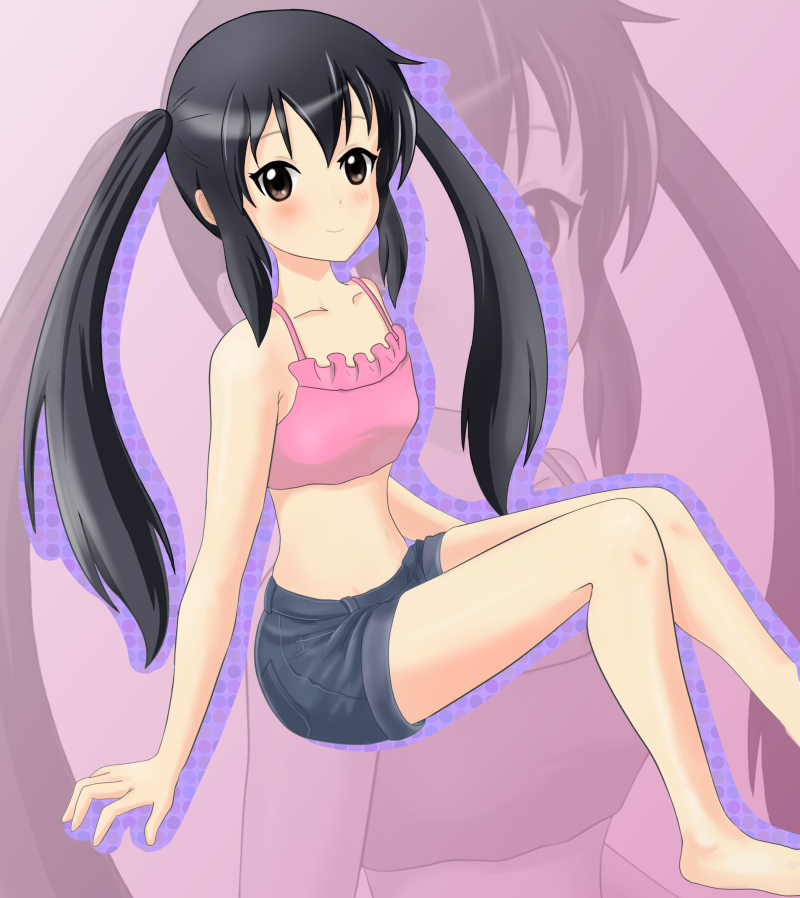 brown_eyes, camisole, denim, denim_shorts, inaton, k-on!, long_hair, midriff