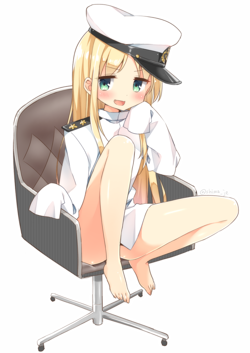 1girl, :d, aqua_eyes, bare_legs, barefoot, blonde_hair, blush, chair
