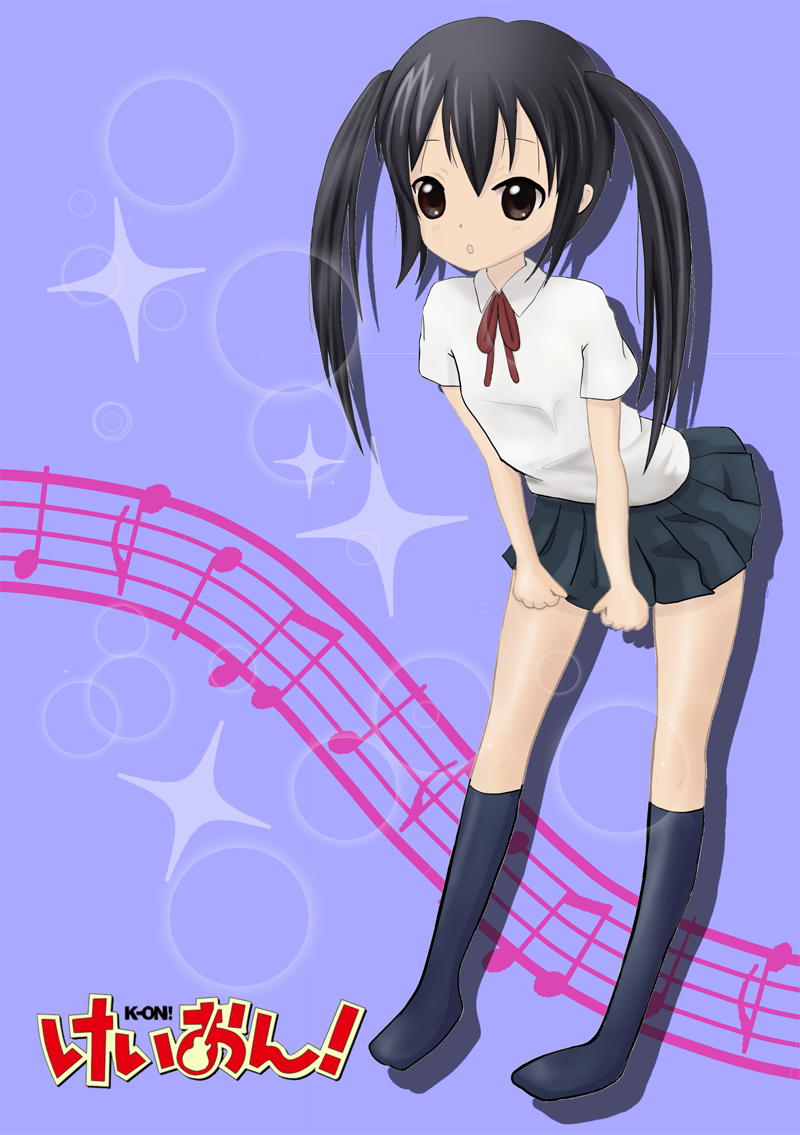 black_hair, brown_eyes, inaton, k-on!, kneehighs, leaning_forward, musical_note, nakano_azusa