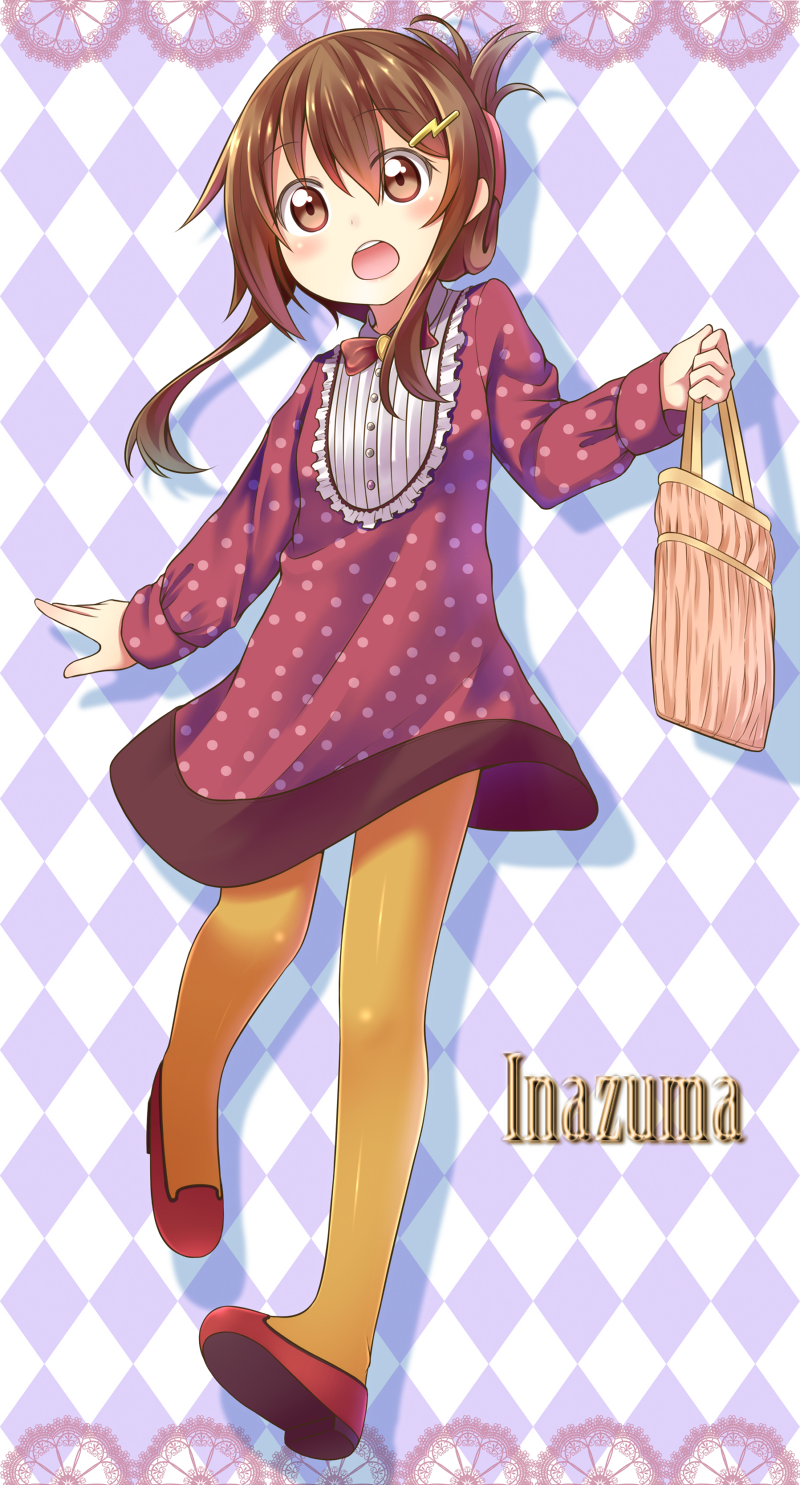 1girl, bag, brown_hair, character_name, dress, folded_ponytail, gggrande, hair_ornament