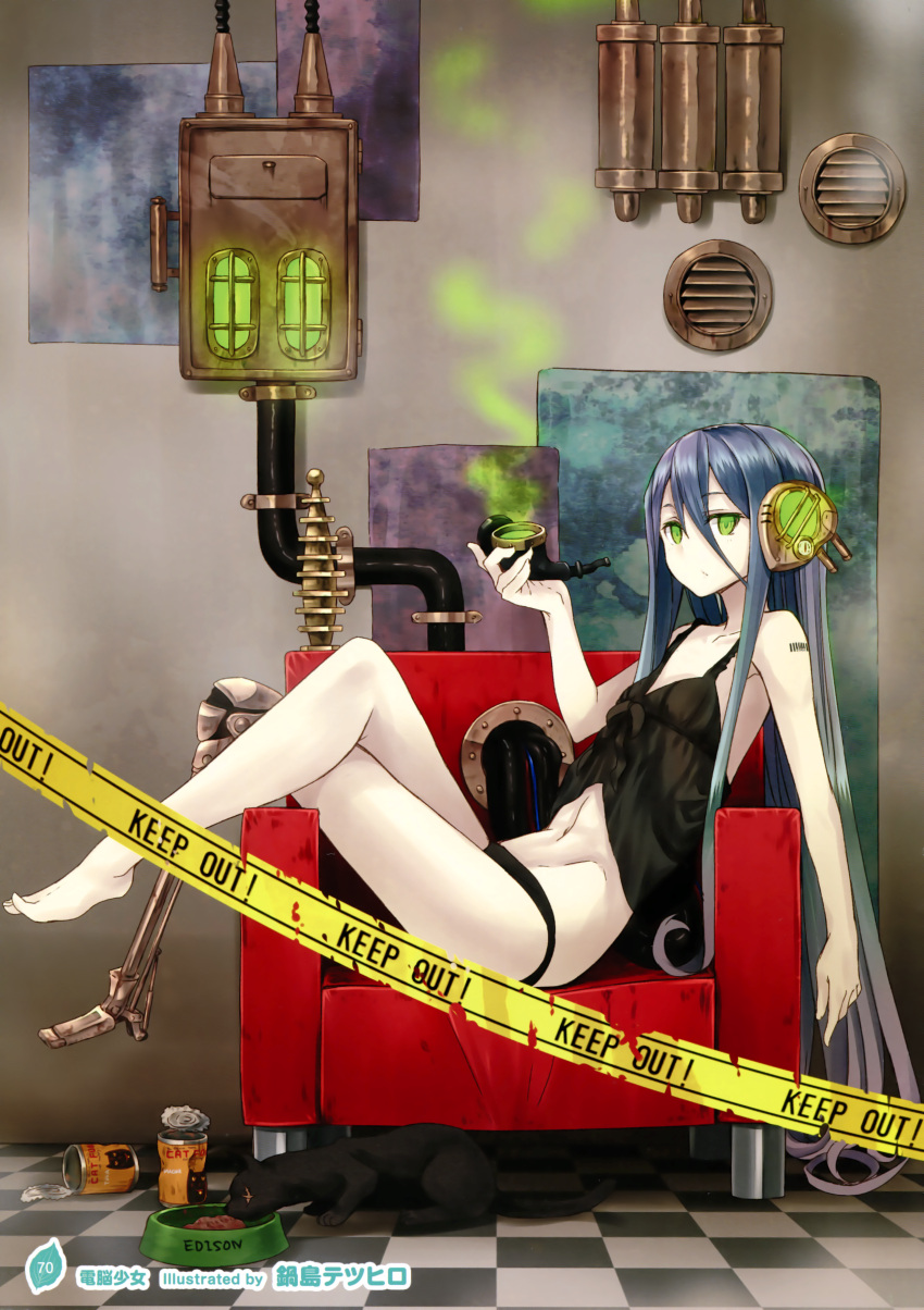 1girl, absurdres, android, barcode, bare_legs, bare_shoulders, barefoot, black_panties