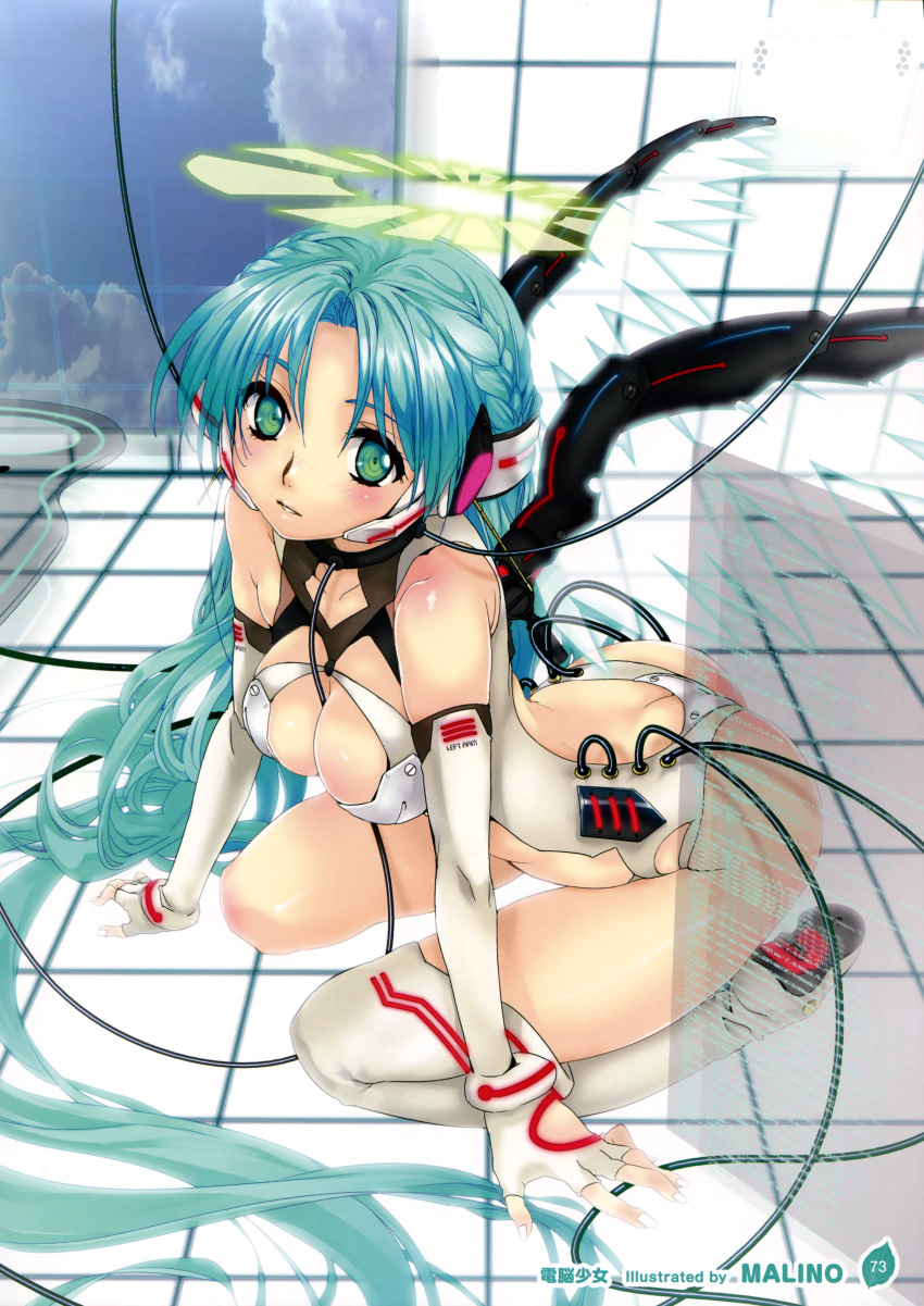 absurdly_long_hair, absurdres, ass, bare_shoulders, boots, braid, breasts, butt_crack, cable, cleavage, cleavage_cutout, elbow_gloves, fingerless_gloves, gloves, green_eyes, green_hair, halo, highres, leotard, long_hair, looking_at_viewer, malino_(dream_maker), mechanical_wings, side_braid, sitting, thigh-highs, thigh_boots, very_long_hair, wariza, white_gloves, white_legwear, wings