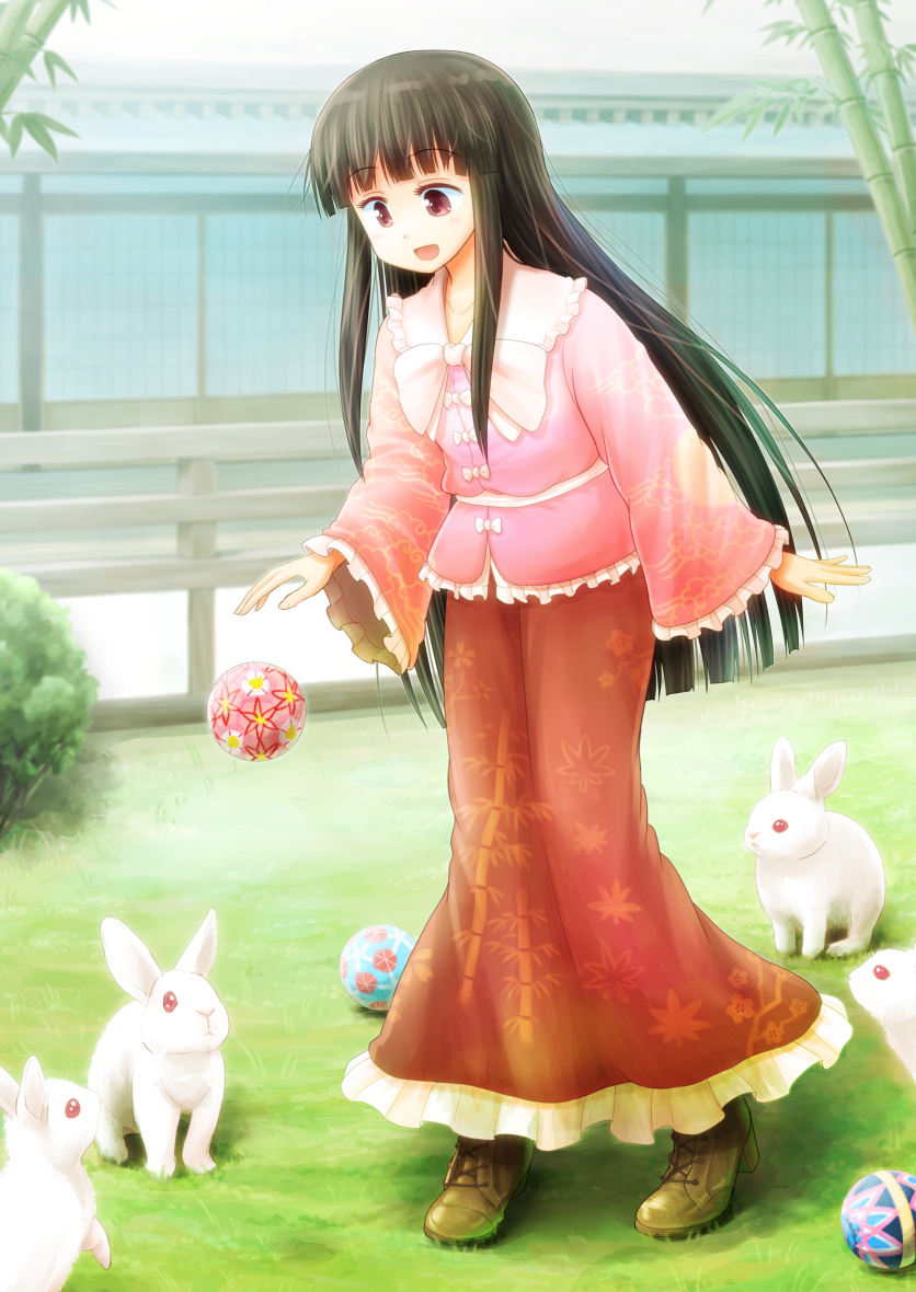 1girl, ball, bamboo, black_hair, boots, bow, brown_eyes, building