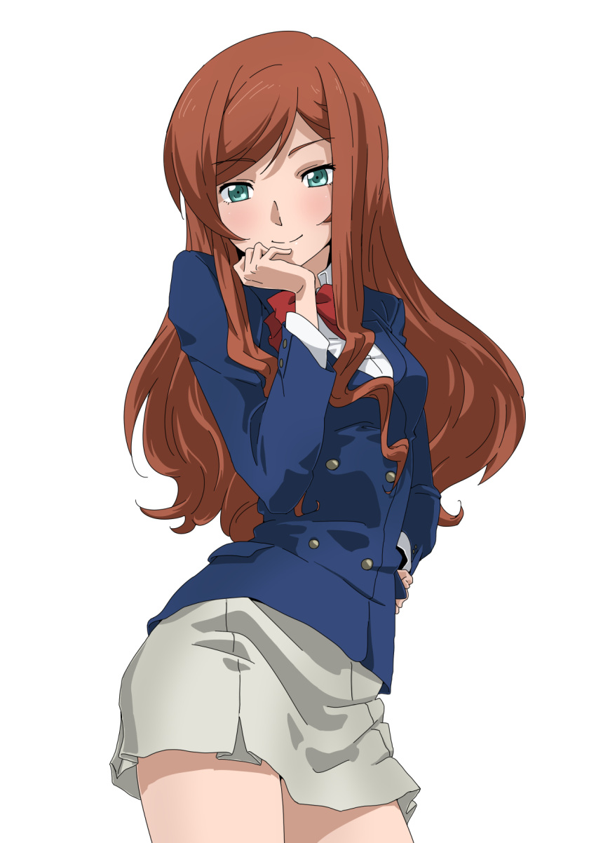 1girl, blush, bow, brown_hair, green_eyes, gundam, gundam_build_fighters, gundam_build_fighters_try, hand_on_own_face, highres, kamiki_mirai, long_hair, long_sleeves, looking_at_viewer, nukosann, school_uniform, skirt, smile, solo