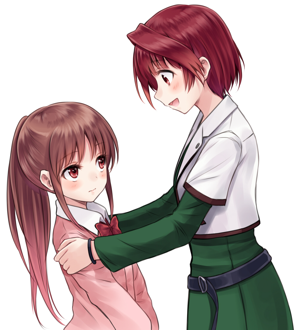 2girls, akado_harue, blush, brown_hair, commentary_request, hands_on_shoulders, long_hair, multiple_girls