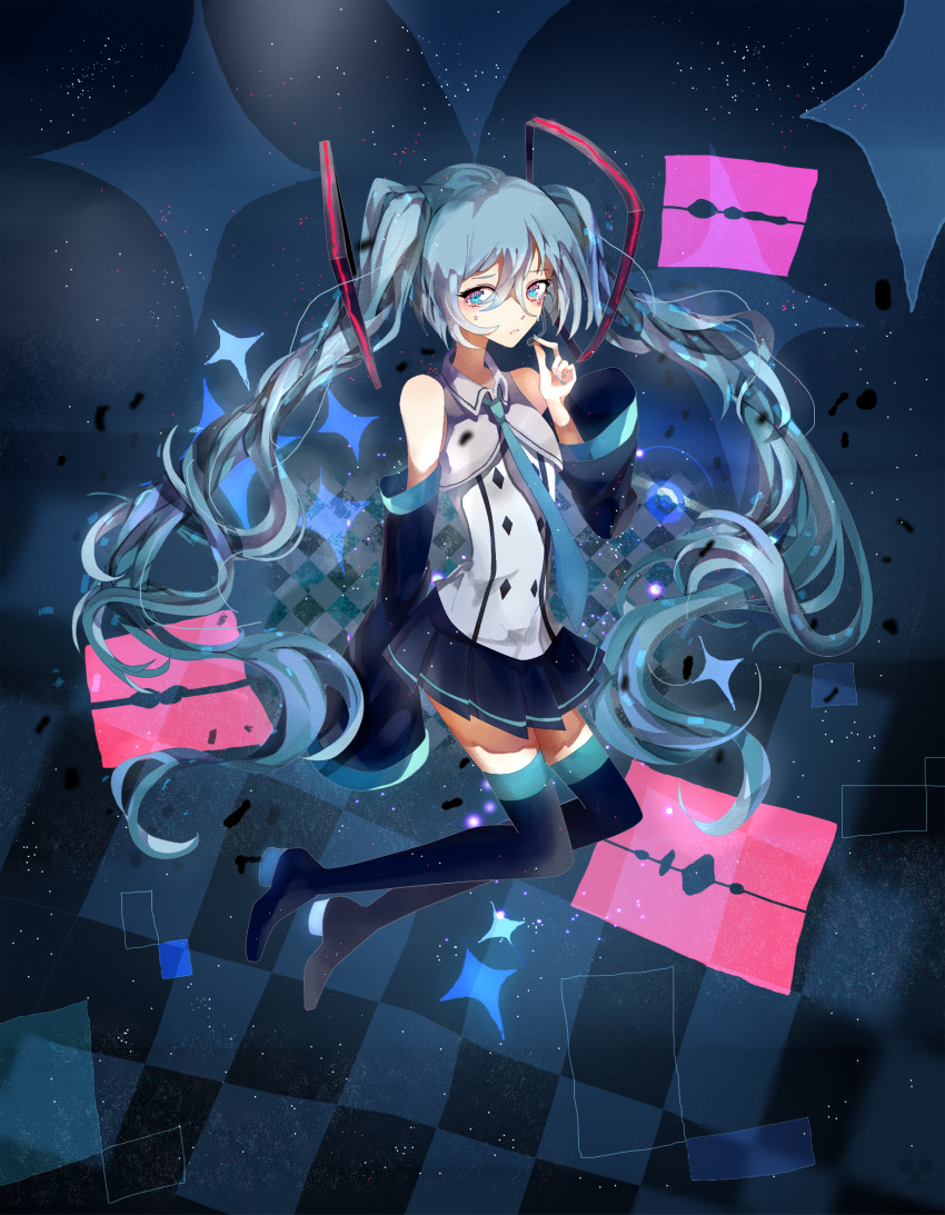 aqua_eyes, aqua_hair, hatsune_miku, highres, long_hair, nadinehuifu, necktie, tears, twintails, vocaloid