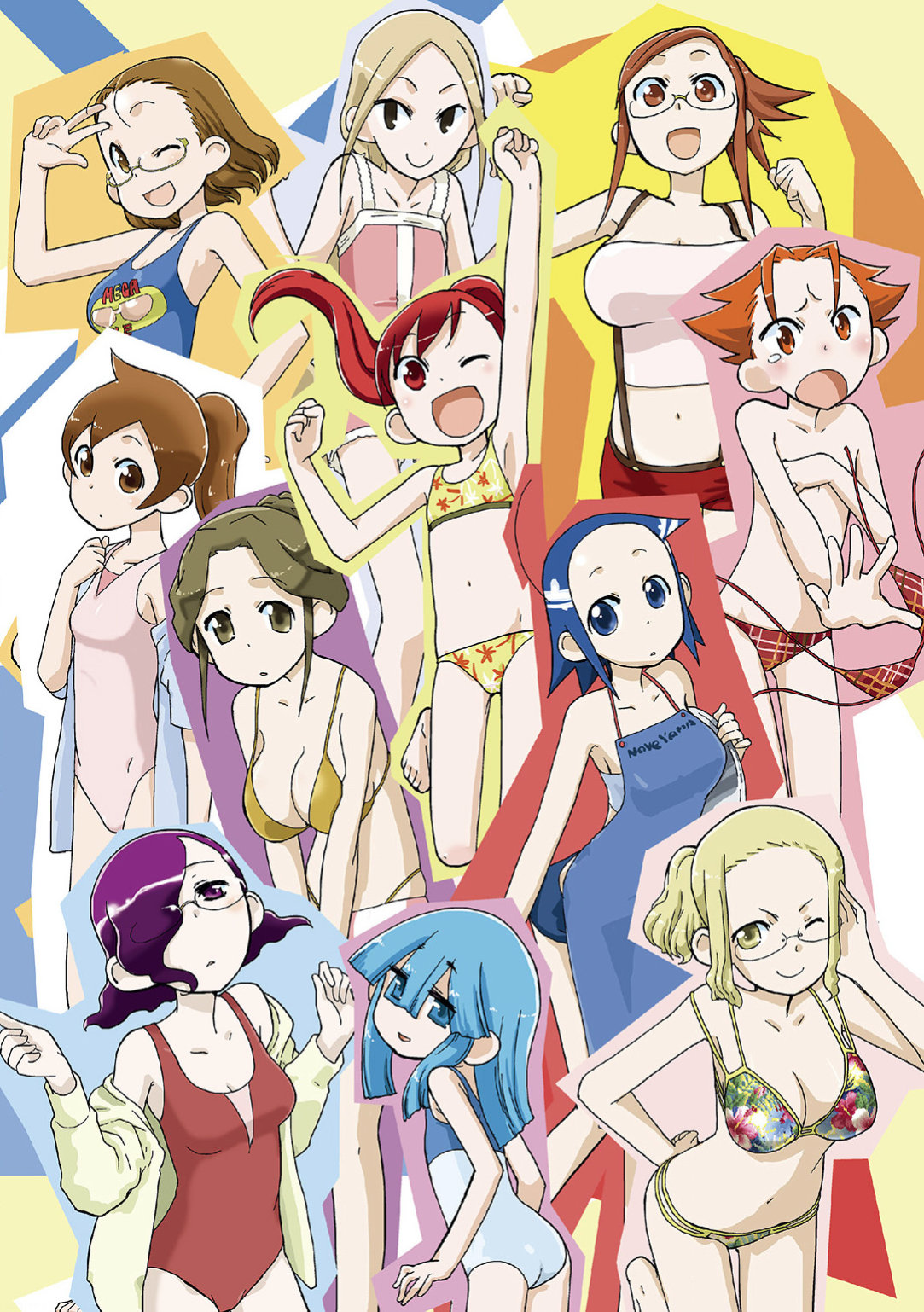 bikini, blue_hair, brown_hair, eimyouji_ena, glasses, highres, idemitsu_hideko, kazoku_game