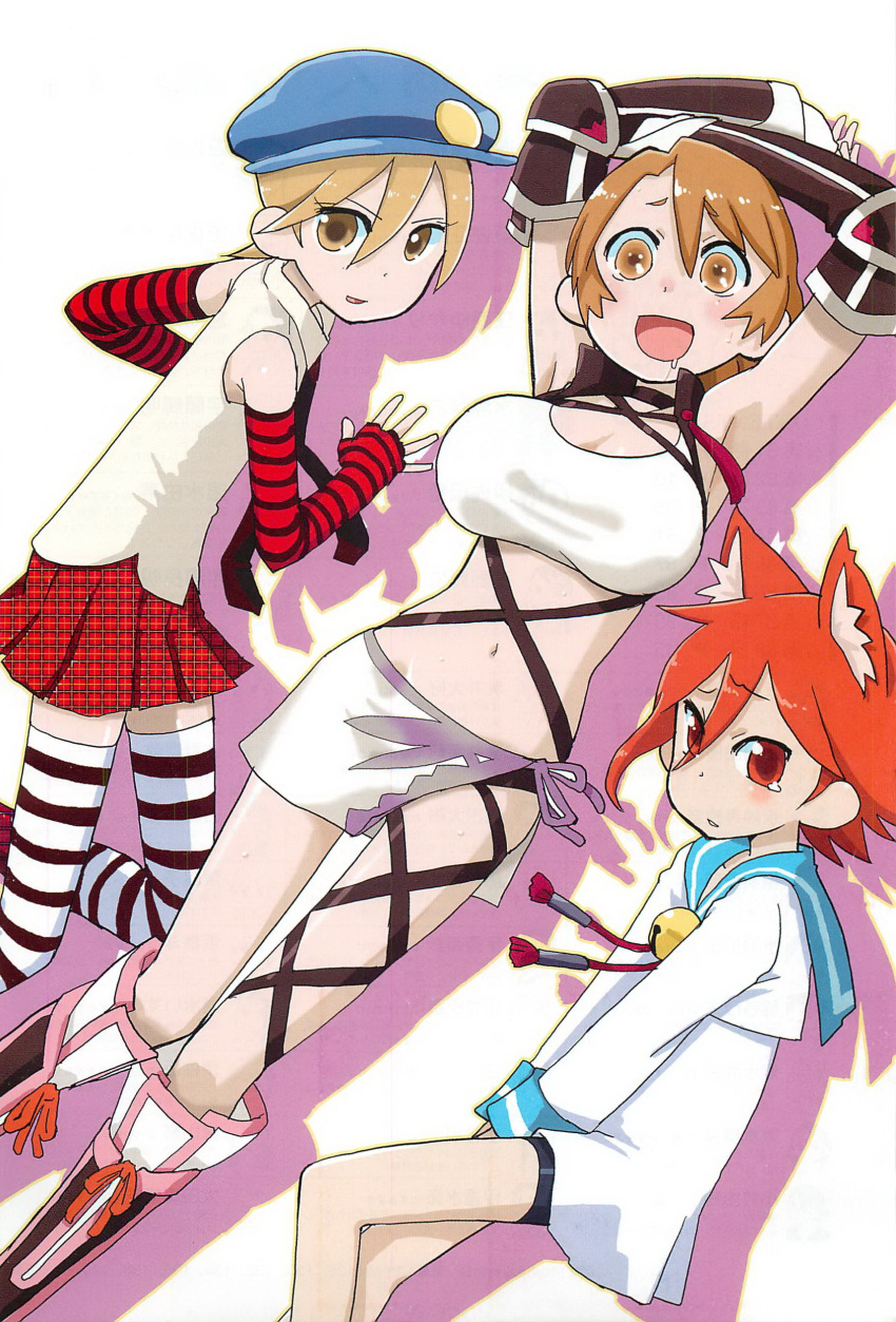 1girl, 2boys, absurdres, brown_hair, cabbie_hat, cosplay, crossdressinging, fingerless_gloves