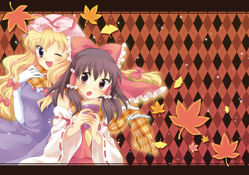 bad_id, blonde_hair, bow, brown_hair, detached_sleeves, elbow_gloves, food, gloves