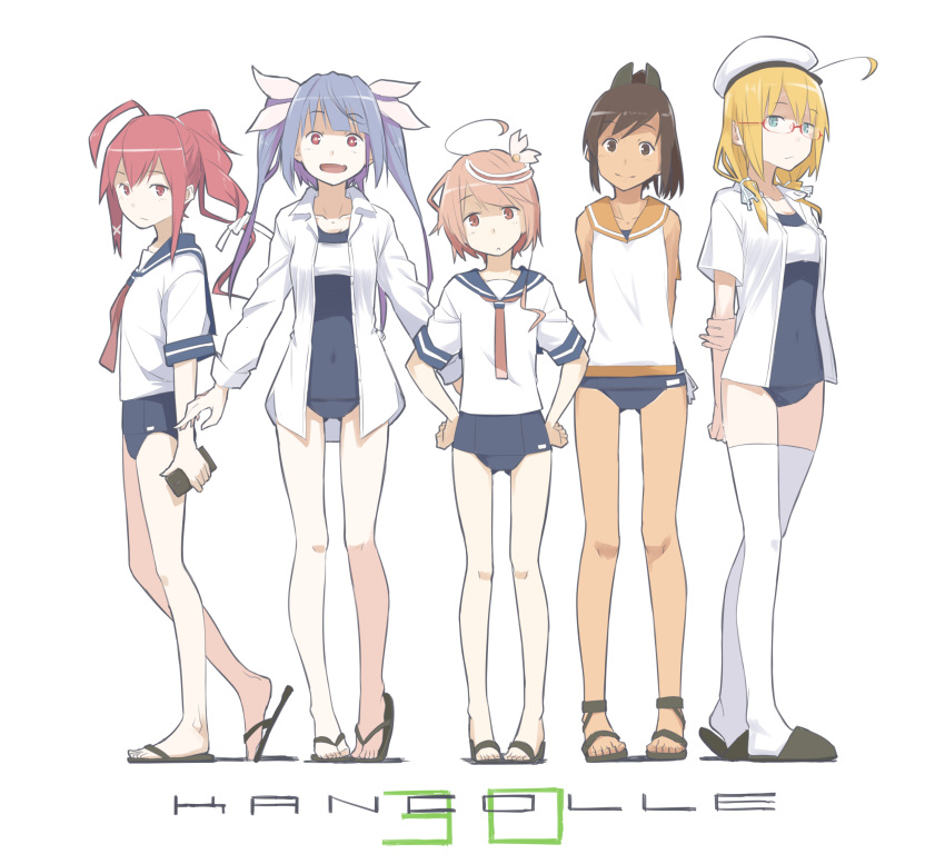 5girls, absurdres, ahoge, bare_shoulders, blonde_hair, blue_hair, breasts, brown_eyes