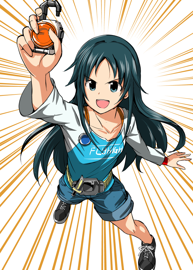 1girl, belt, black_hair, blue_eyes, female, idolmaster, idolmaster_cinderella_girls, kamen_rider