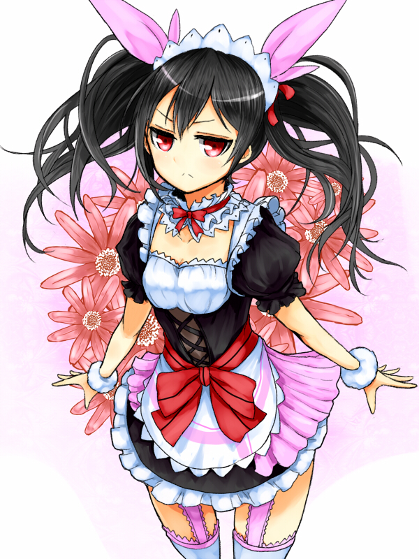 black_hair, blush, flower, headdress, long_hair, love_live!_school_idol_project, maid, sad