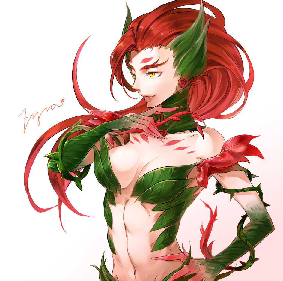 1girl, bare_shoulders, breasts, character_name, flower, hand_on_hip, hikarusorano, league_of_legends