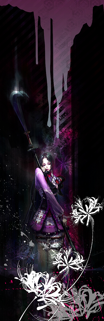 black_hair, flower, long_hair, namakura_shiki, oichi, polearm, sengoku_basara, weapon