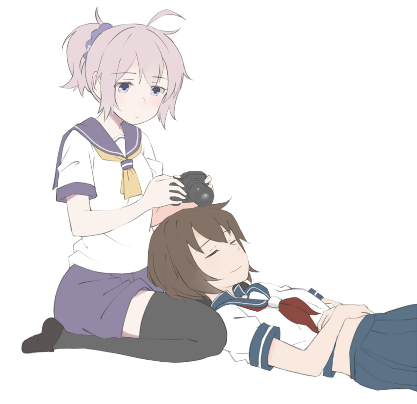 2girls, ahoge, aoba_(kantai_collection), black_legwear, blue_skirt, brown_hair, camera, chocotto715