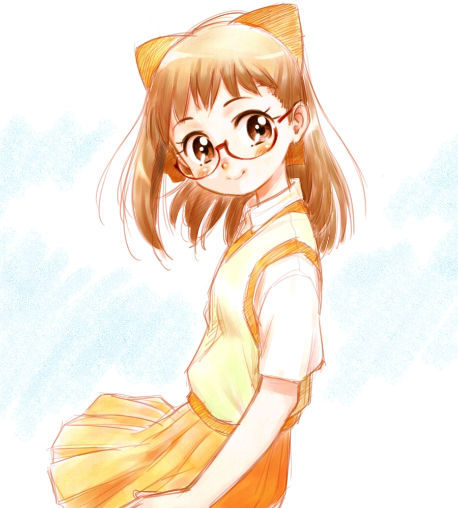 1girl, bow, brown_eyes, brown_hair, fujiwara_hazuki, glasses, hair_bow, half_updo, kogawa_masayoshi, ojamajo_doremi, orange_skirt, pleated_skirt, short_hair, short_sleeves, side, skirt, smile, solo, wind