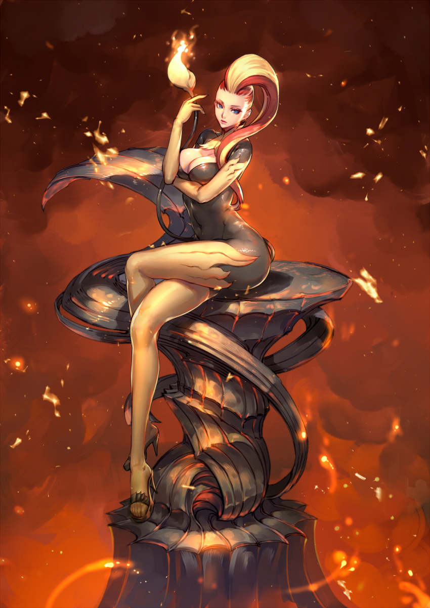 1girl, blonde_hair, blue_eyes, bodysuit, breasts, cleavage, cleavage_cutout, covered_navel, crossed_legs, elbow_gloves, error, flame, gloves, high_heels, highres, hips, lips, long_legs, mohawk, multicolored_hair, original, personification, pokemon, pyroar, redhead, revision, ryushin, sitting, skin_tight, solo, tail, thigh-highs, wrong_feet