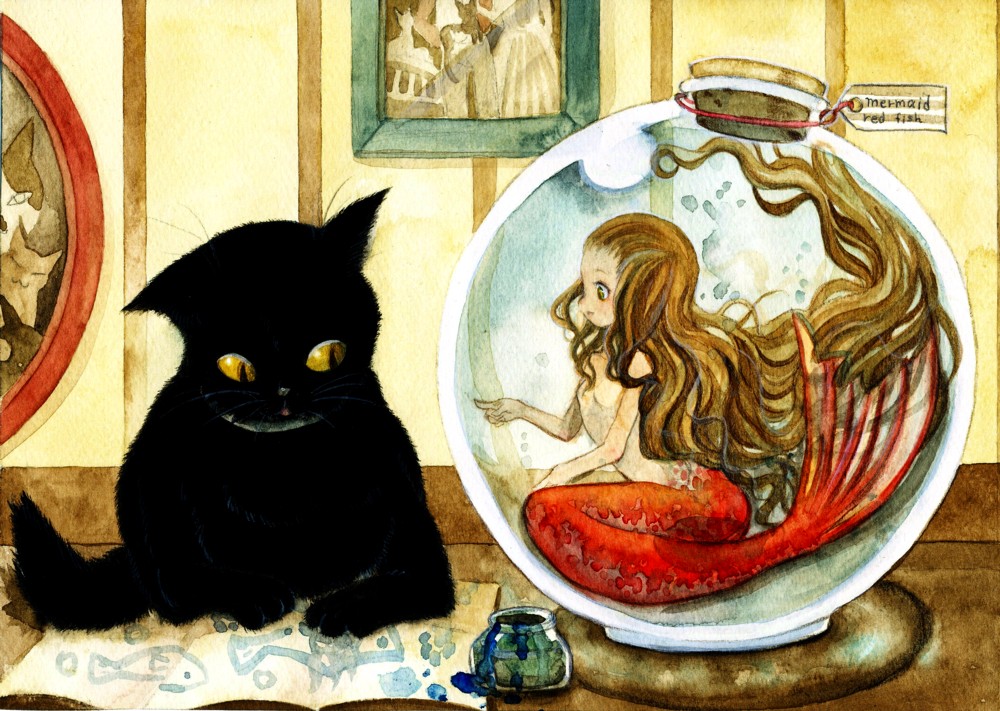 mermaid, monster_girl, original, painting, pointing, tetuankyo, traditional_media, watercolor