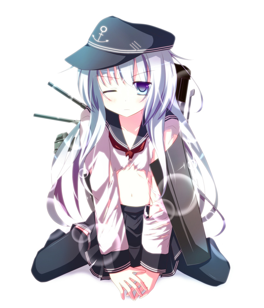 1girl, ari_(ariburo), blue_eyes, hat, hibiki_(kantai_collection), highres, kantai_collection, looking_at_viewer, machinery, navel, neckerchief, one-piece_swimsuit, school_uniform, serafuku, silver_hair, sitting, skirt, solo, swimsuit, torn_clothes, torn_shirt, wariza