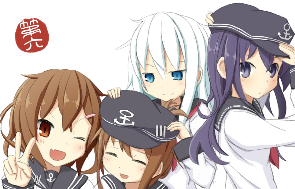 ^_^, akatsuki_(kantai_collection), blue_eyes, blue_hair, blush, brown_eyes, brown_hair, closed_eyes