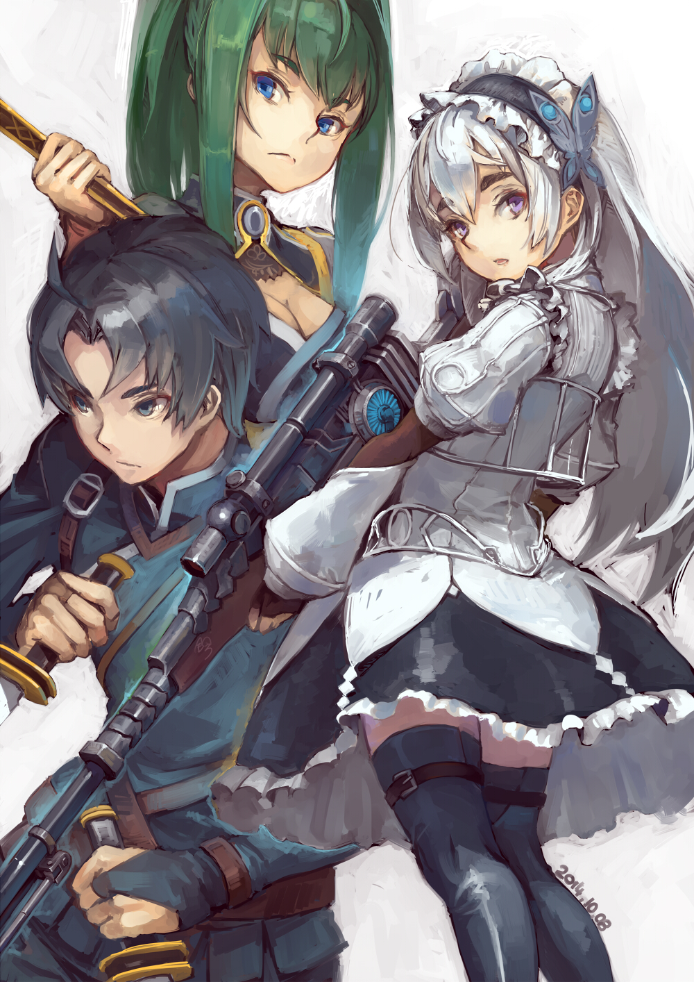 1boy, 2girls, akari_acura, black_hair, black_legwear, blue_eyes, breasts, bridal_gauntlets