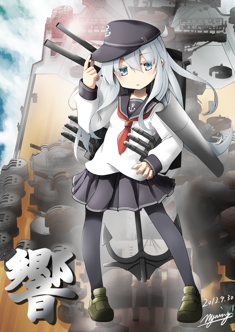 1girl, anchor, blue_eyes, cannon, hand_on_hip, hat, hibiki_(destroyer), hibiki_(kantai_collection), kantai_collection, loafers, long_hair, looking_at_viewer, machinery, neckerchief, niyang53, pantyhose, school_uniform, serafuku, shoes, silver_hair, skirt, solo