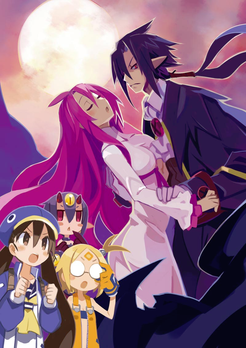 1boy, 4girls, adjusting_glasses, artina_(disgaea), black_hair, blonde_hair, brown_eyes, brown_hair, desco_(disgaea), disgaea, dress, glasses, harada_takehito, hat, kazamatsuri_fuuka, long_hair, makai_senki_disgaea_4, multiple_girls, nagi_clockwork, pink_hair, pointy_ears, ponytail, purple_hair, red_eyes, short_hair, side_ponytail, twintails, unconscious, valvatorez_(disgaea), white_dress