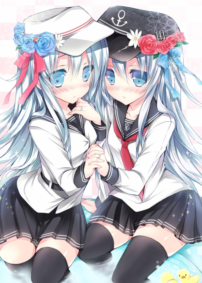 2girls, absurdres, black_legwear, blue_eyes, blush, dual_persona, flower, hibiki_(kantai_collection)