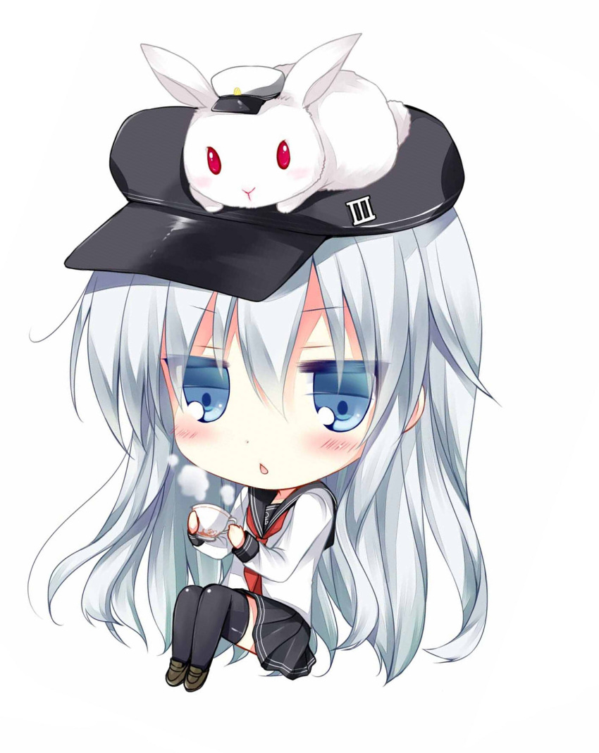 1girl, black_legwear, blue_eyes, blush, bunny_on_head, chibi, cup, hat