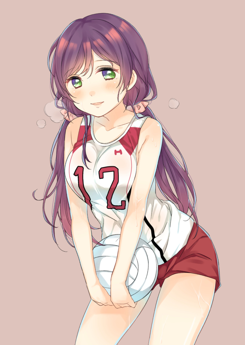 1girl, blush, breasts, breath, collarbone, cowboy_shot, green_eyes, gym_uniform