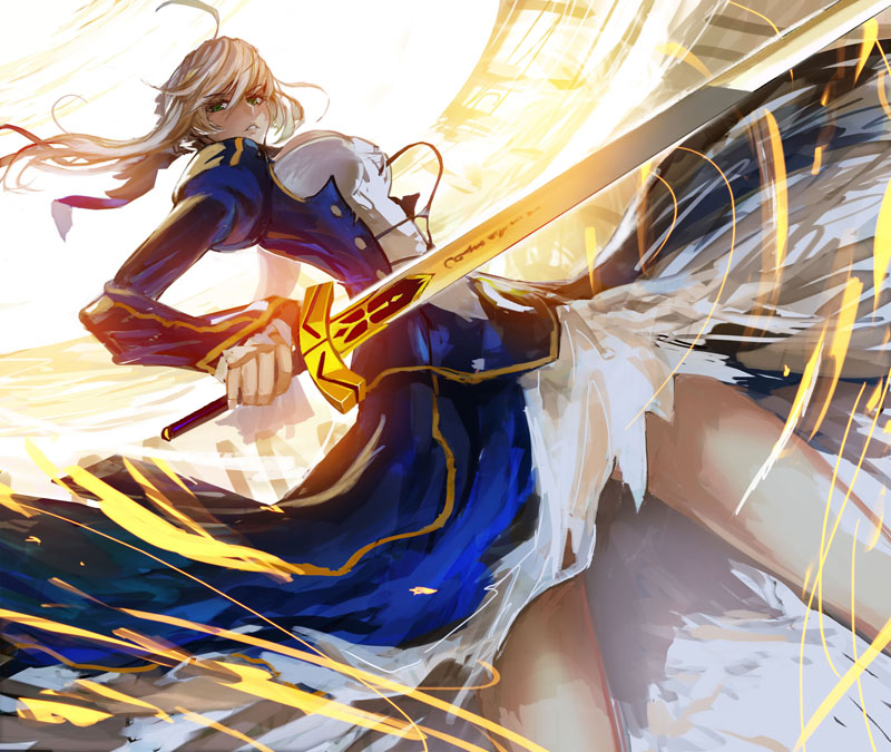 1girl, ahoge, blonde_hair, dress, excalibur, fate/stay_night, fate_(series), green_eyes