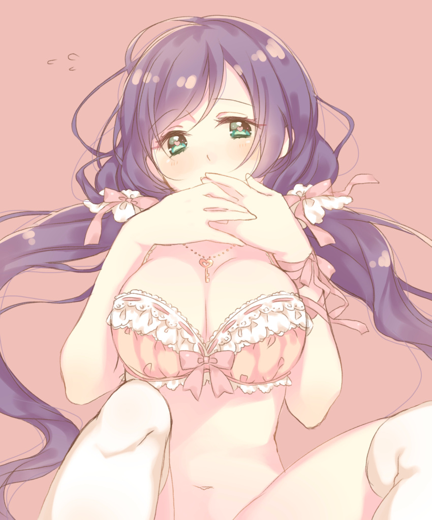 1girl, aqua_eyes, blush, bra, breasts, covering_mouth, flying_sweatdrops, heart