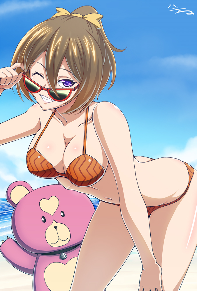 1girl, adjusting_sunglasses, aoki_hagane_no_arpeggio, arpeggio_of_blue_steel, bikini, brown_eyes, grin, h-new