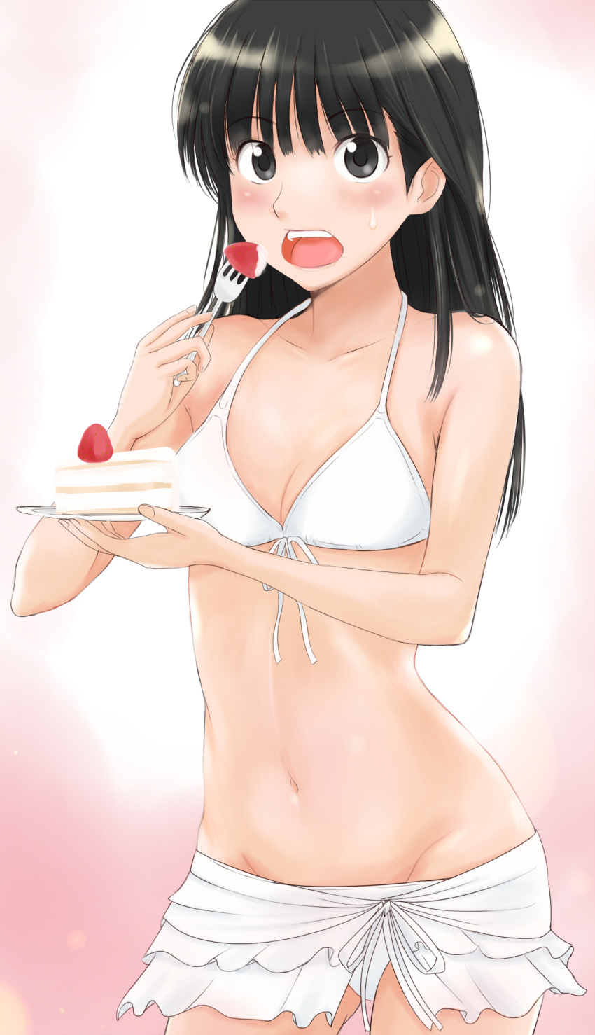 1girl, amagami, ayatsuji_tsukasa, bikini, black_eyes, black_hair, cake, coroske