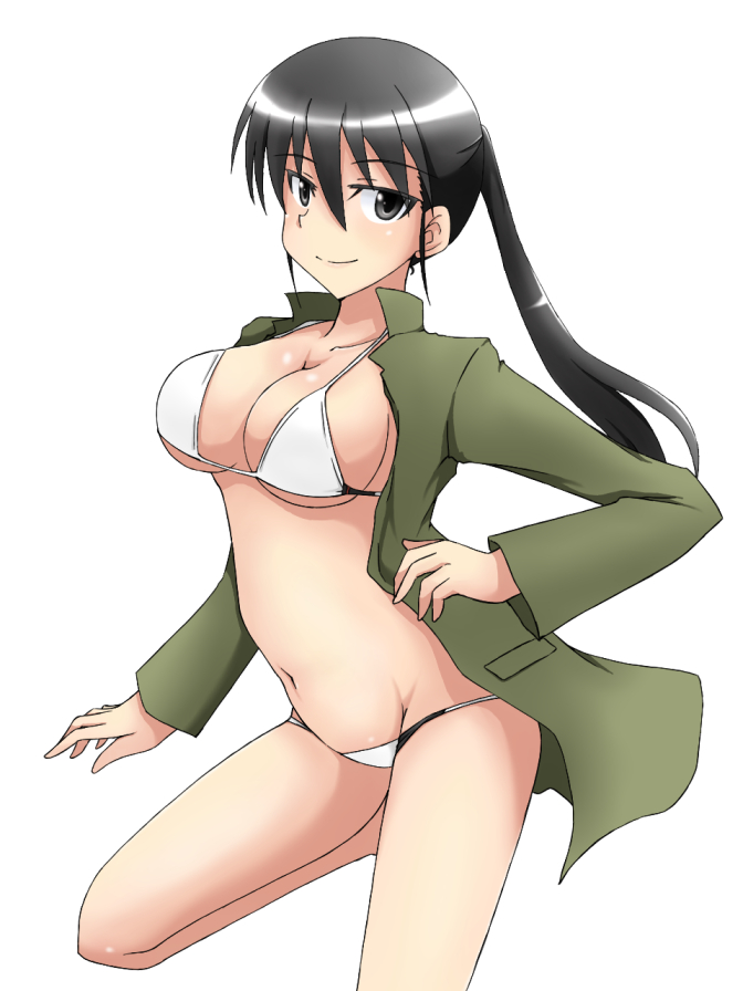 1girl, bikini, black_eyes, black_hair, breasts, cowboy_shot, female, isosceles_triangle_(xyzxyzxyz)