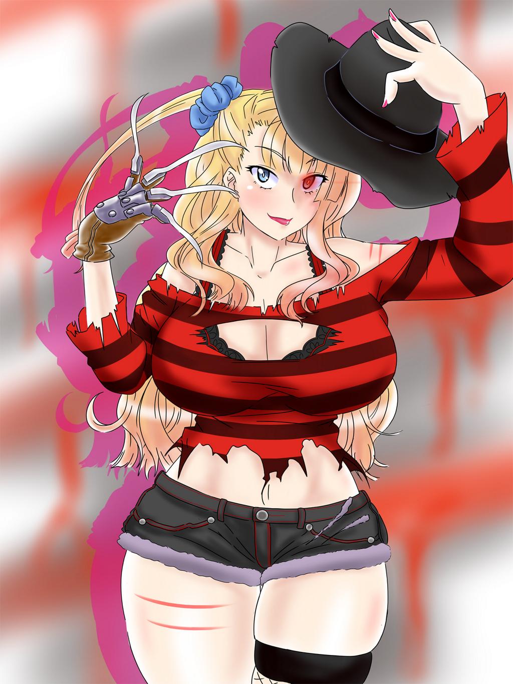 1girl, a_nightmare_on_elm_street, asymmetrical_hair, blue_eyes, breasts, cardigan, claw_(weapon), cleavage
