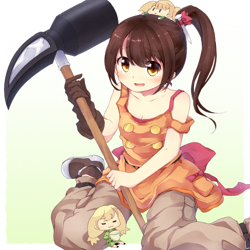 1girl, :3, bare_shoulders, blonde_hair, blush, bow, breasts, brown_gloves, brown_hair, cleavage, closed_eyes, collarbone, cup, fuuen_(akagaminanoka), gloves, gradient, gradient_background, hair_ornament, hair_ribbon, hammer, hammer_(ole_tower), holding, holding_weapon, long_hair, looking_at_viewer, nail, off_shoulder, ole_tower, open_mouth, pants, pink_bow, ponytail, ribbon, shoes, side_ponytail, single_glove, sitting, smile, solo, weapon, yellow_eyes