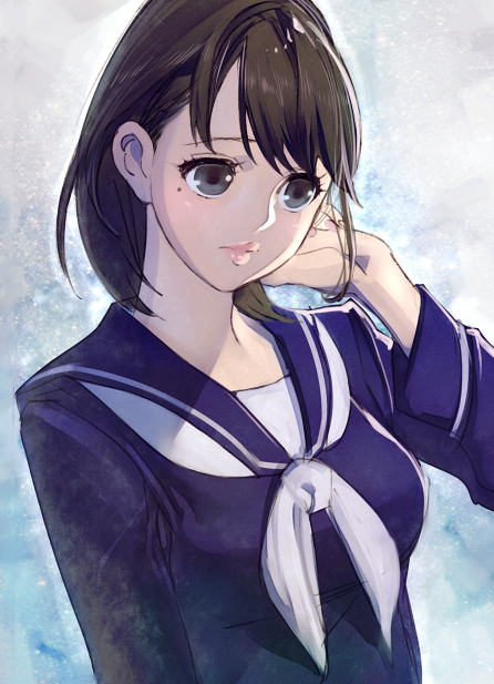1girl, brown_hair, female, harunoichi, love_plus, mole, school_uniform, serafuku